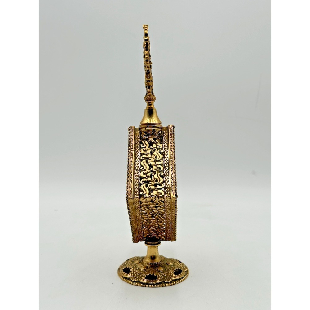 Vintage Brass Filigree Floral Ormolu Perfume Bottle Antique Glass Ornate Vanity - Picture 3 of 10